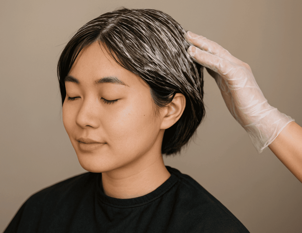 Mascarilla en pelo de mujer asiática
